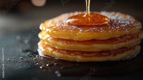 Warm pancakes are topped with golden sugarcane syrup, creating a delightful breakfast treat