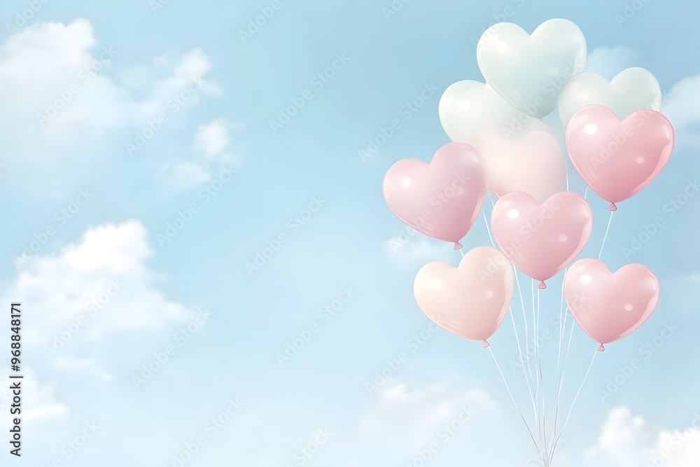 Soft Pastel Heart Balloons Floating in Blue Sky Anniversary Background Soft Pastel Heart Balloons Floating in Blue Sky Anniversary Background