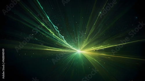 Experience an abstract light burst in green and gold, set against a dark green backdrop.