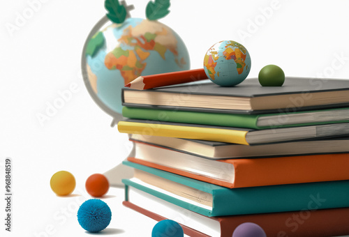 Back to school. Stack of textbooks, pencils and an apple - a symbol of knowledge, on a classroom table, against a background of a green chalk board. School lessons.