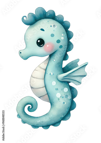 A cute, whimsical seahorse illustration with soft colors, perfect for children's decor, educational materials, or aquatic-themed projects. photo