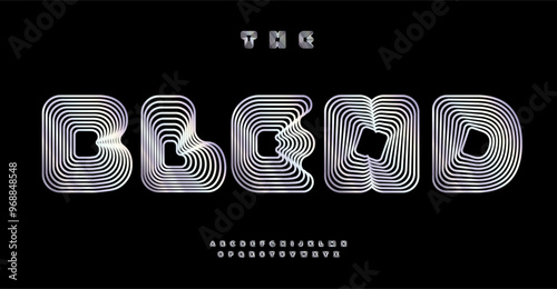 Blend font, distorted letters with blending lines creating 3D letters optical illusion. Round geometric stripes typography for tech identity, branding, creative posters. Vector typeset.