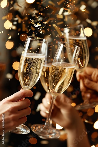 A group of people are holding up glasses of champagne, celebrating a special occasion. The glasses are filled with sparkling wine, and the people are enjoying the moment