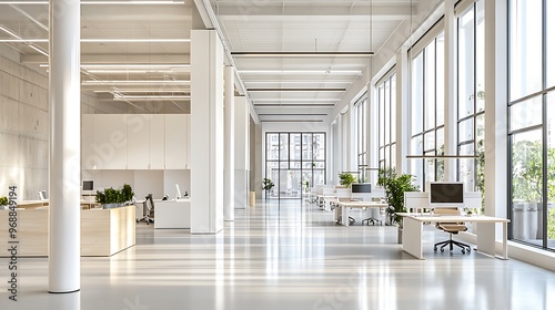 Contemporary office with white columns, glass windows, sleek desks, ergonomic chairs, and computer screens in an open-space layout