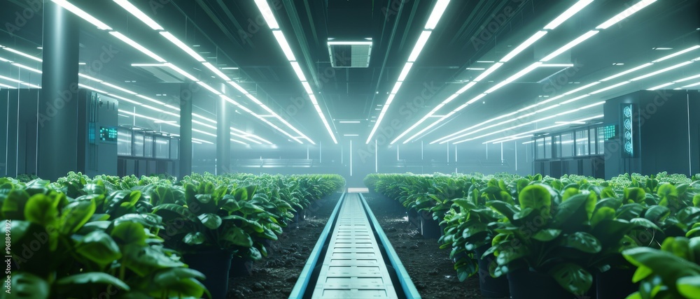 A futuristic indoor farm with rows of lush plants under bright LED lights, creating an atmosphere of innovation and sustainable agriculture. A futuristic indoor farm with rows of lush plants under bright LED lights, creating an atmosphere of innovation and sustainable agriculture.
