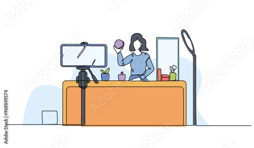 Vector illustration of a female blogger is reviewing cosmetic products. Modern flat in continuous line style.