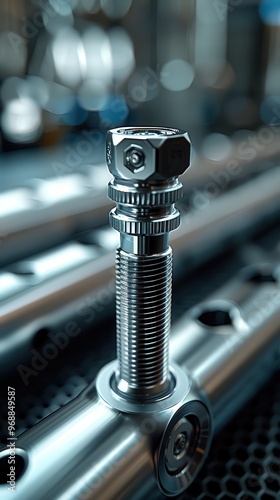 Close-up of a shiny metallic bolt perched on machinery, showcasing precision engineering in an industrial setting.