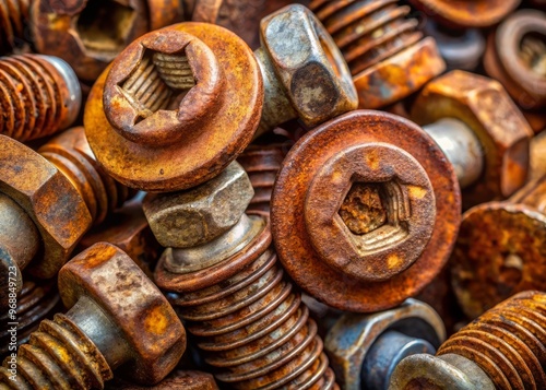 Rusty old screw heads with intricate threading and weathered patina, surrounded by peeling labels and faded safety warnings, worn by years of use.