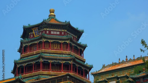 Chinese architecture of sacred summer palace pagoda. Zoom out