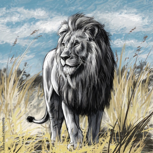 Majestic Lion in Charcoal Art – Wildlife Illustration of Powerful African Lion in the Savannah