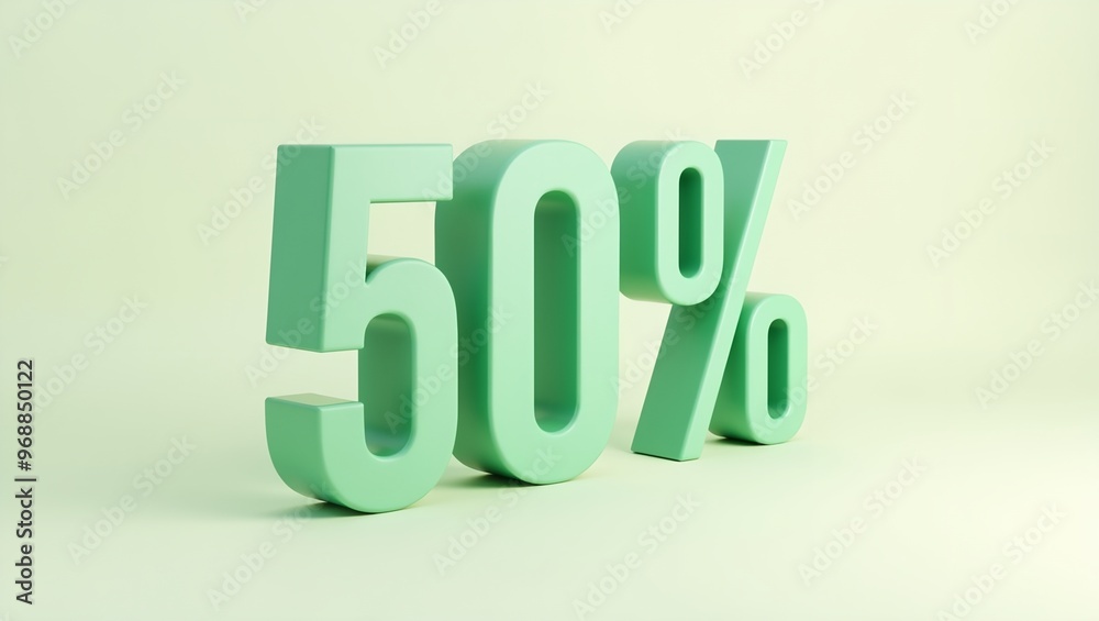 50 OFF in matte green 3D letters on offwhite background with soft lighting 50 OFF in matte green 3D letters on offwhite background with soft lighting