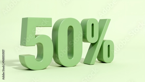 50 OFF in matte green 3D letters on offwhite background with soft lighting