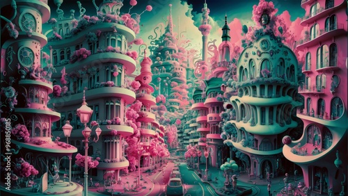 Whimsical Surreal Cityscape with Futuristic Architecture and Enchanted Floral Streets