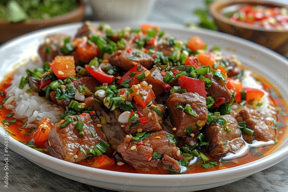 Close-up of a white plate with a delicious dish of pork stir-fry with red peppers, green onions, and white rice. Close-up of a white plate with a delicious dish of pork stir-fry with red peppers, green onions, and white rice.