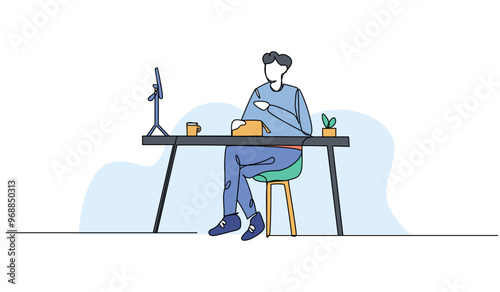 Vector illustration of a male blogger is reviewing a product. Modern flat in continuous line style.