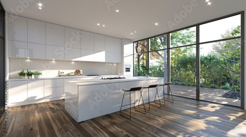 A kitchen with a large island and a window that lets in natural light photo