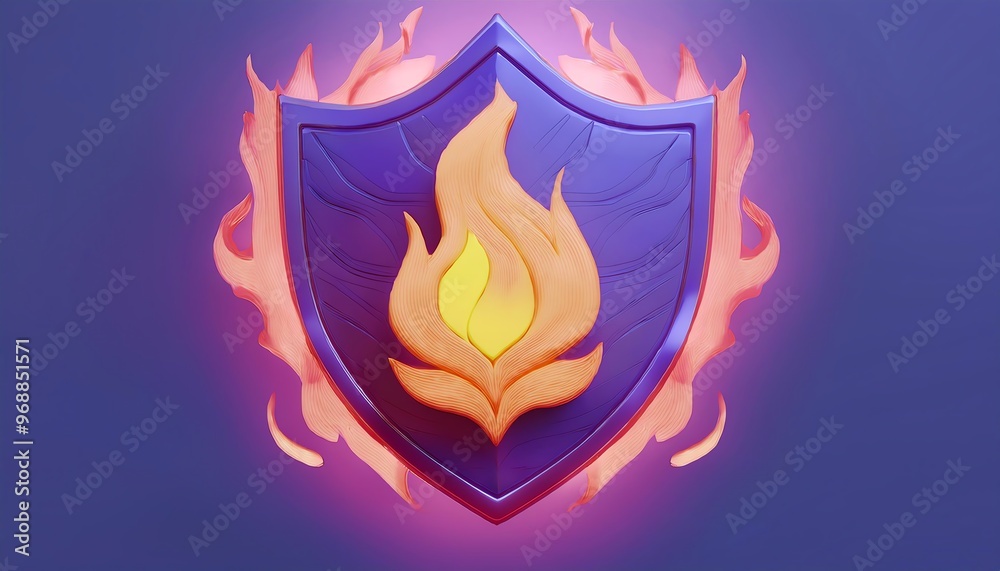 A vibrant shield featuring a flame design, set against a purple background, symbolizing protection and strength.