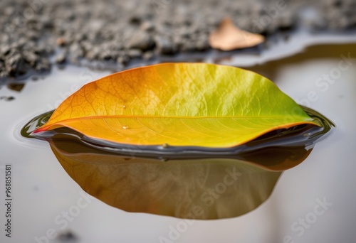 Reflection A close up of a leaf with the reflection in a puddle photo