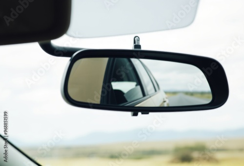 Rearview Mirror A close up of a car's rearview mirror with a blu