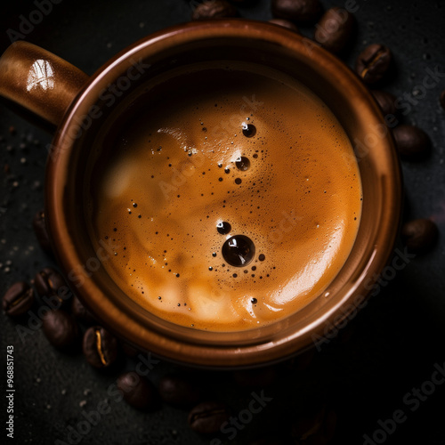 Detailed Macro Shot of Freshly Brewed Espresso in a Small Cup, with Frothy Crema and Coffee Beans Scattered Around, Warm Lighting photo