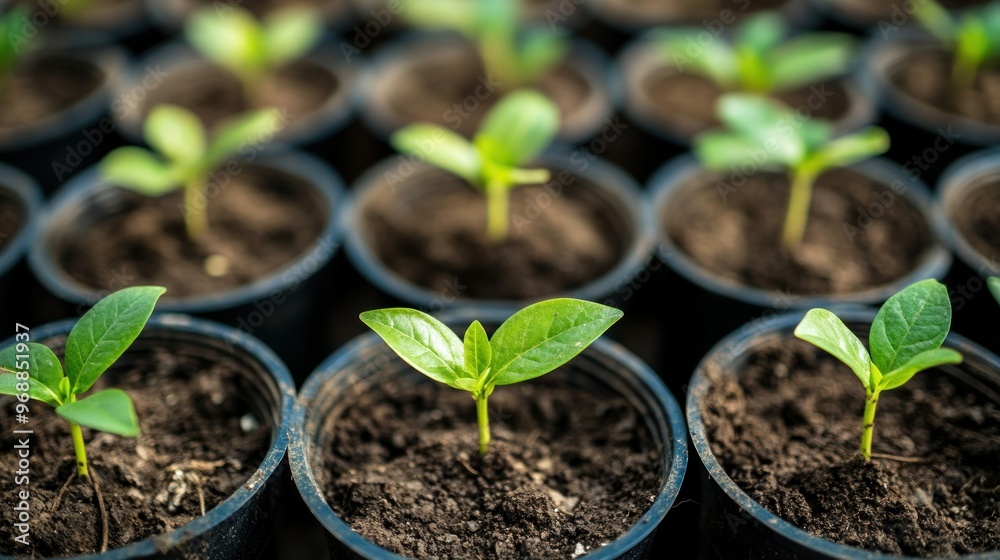 Close-up of Green Seedlings Growing in Pots Close-up of Green Seedlings Growing in Pots