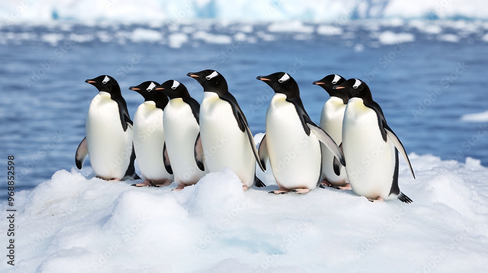 Fototapeta premium A group of seven gentoo penguins standing on an iceberg in Antarctica, with the ocean and other icebergs in the background.