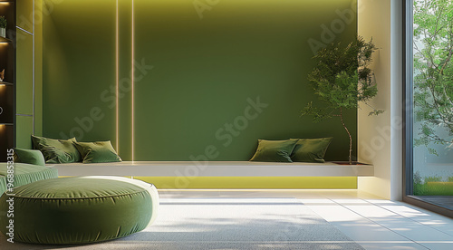 A modern living room with a prevalence of green tones and an empty front wall. Generative AI. photo