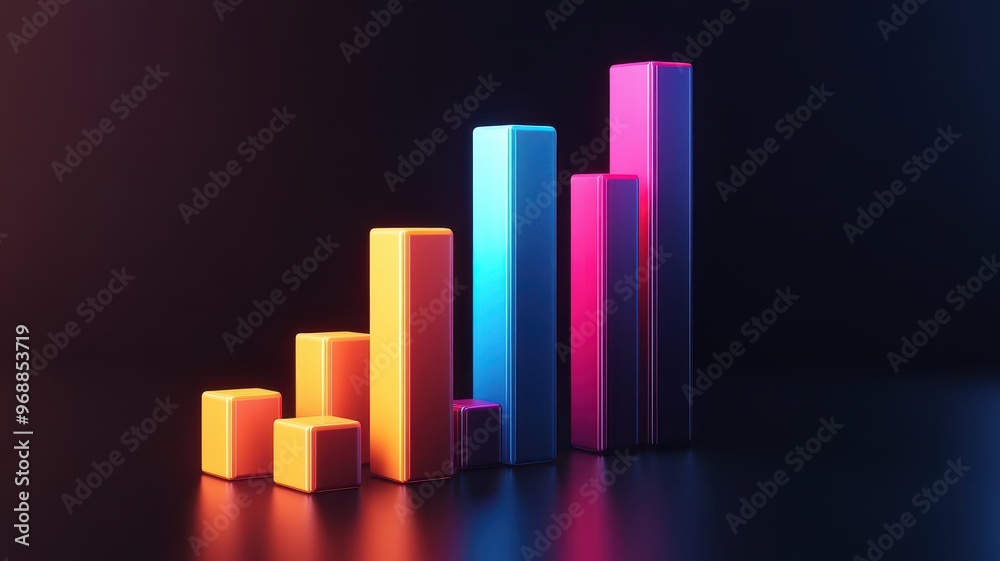A colorful bar graph showing upward trends, illuminated against a dark background, ideal for presentations and analytics. A colorful bar graph showing upward trends, illuminated against a dark background, ideal for presentations and analytics.