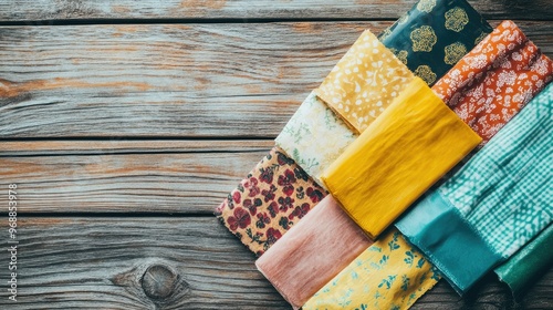 Reusable beeswax food wraps laid out on a wooden countertop, with room for eco-friendly text. photo