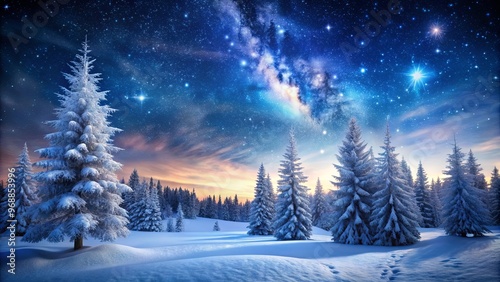 A serene winter night scene with snowy trees and starry skies