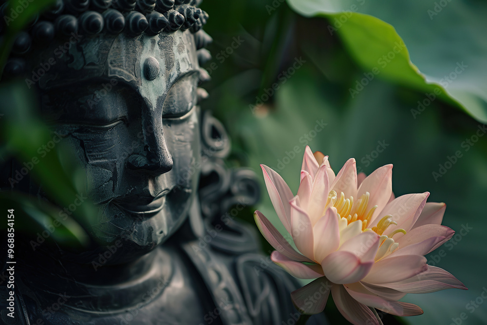 Obraz premium Beautiful greeting card with ancient statue great Buddha to bright holiday composition