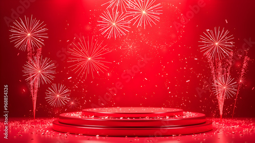 3d Mock up Glossy red podium with fireworks and confetti. Pedestal stage for festive product presentation. Celebratory scene for advertising. Sale promotion background.