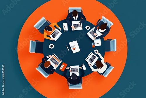 Wallpaper Mural A group of business people sitting around a table working on their laptops, viewed from above. Torontodigital.ca