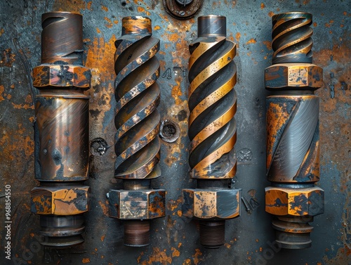 Close-up of metallic tools showcasing various drill bits and fasteners, ideal for industrial, engineering, or mechanical themes. photo