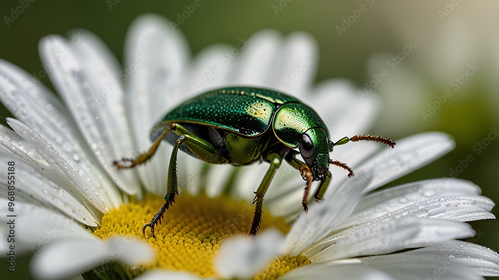 This image showcases a close-up of a green beetle perched on a white daisy flower, highlighting the detailed textures and vibrant colors. This image showcases a close-up of a green beetle perched on a white daisy flower, highlighting the detailed textures and vibrant colors.