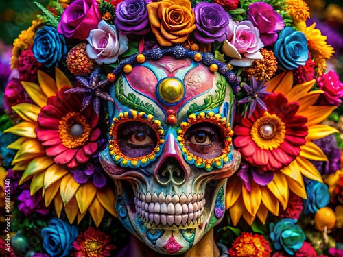 Painted skull adorned with colorful flowers, feathers, and gemstones, with intricate curls and designs framing the face, as part of Day of the Dead festivities.