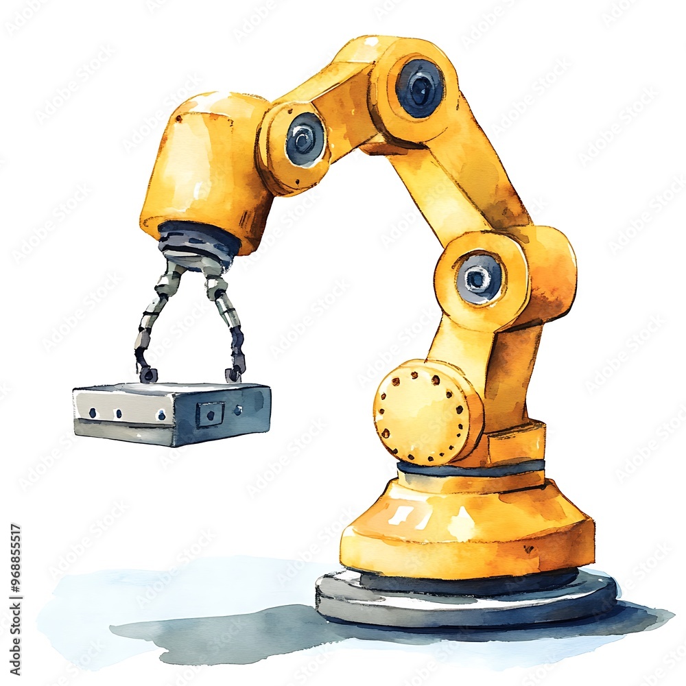 Watercolor Illustration of a Yellow Robotic Arm Holding a Device. Watercolor Illustration of a Yellow Robotic Arm Holding a Device.