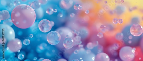 Bubbles of various sizes float in a dreamy composition of pastel blue, pink, and yellow hues, creating a whimsical, ethereal atmosphere.