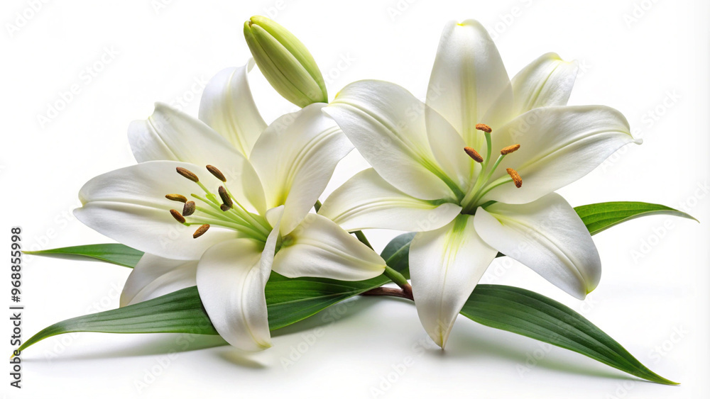 Fototapeta premium White Lilies with Green Leaves on White Background