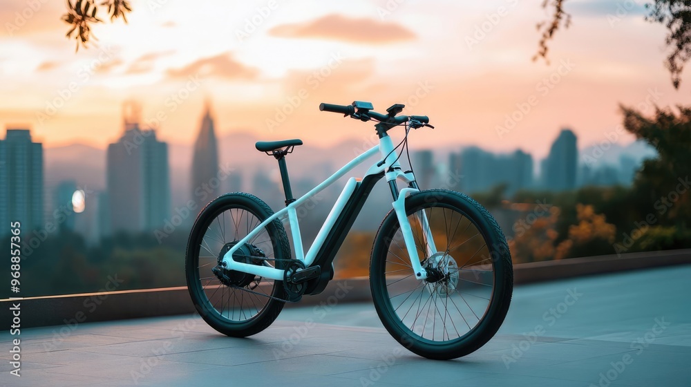 Fototapeta premium Electric bike with fast charging, designed for daily use, extended distance range, futuristic cityscape backdrop
