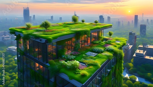 Urban Rooftops Transformed into Lush Green Oases Enhancing Biodiversity, Cooling Urban Heat, and Purifying Air for Resilient Cities Through Innovative Design #968857317