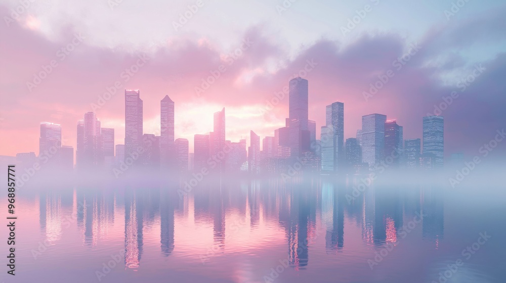 A modern city skyline bathed in soft pink light at sunrise, with misty reflections on calm water creating a serene atmosphere. A modern city skyline bathed in soft pink light at sunrise, with misty reflections on calm water creating a serene atmosphere.