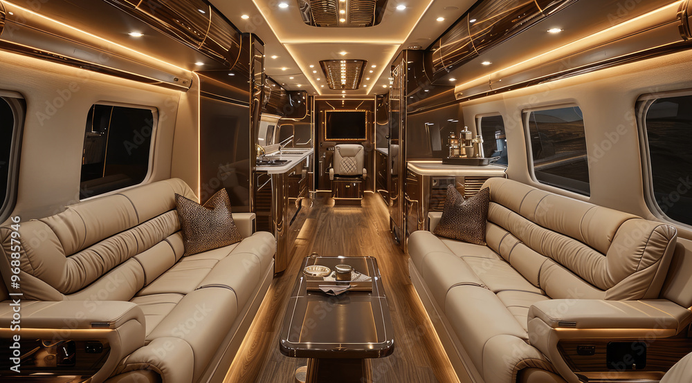 Executive motorhome design, airline seats, wooden floor, leather cover, head long table, secretary table, interior atmospheric lighting. Generative AI. Executive motorhome design, airline seats, wooden floor, leather cover, head long table, secretary table, interior atmospheric lighting. Generative AI.