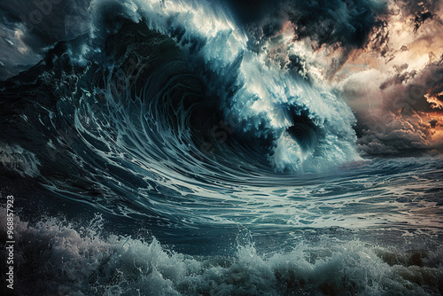 Generative ai on theme of a scary tsunami with huge foamy wave, apocalyptic dramatic background