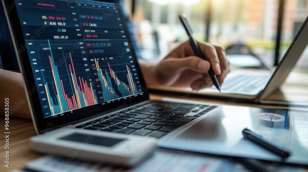 Person Working on Laptop with Financial Data and Charts Person Working on Laptop with Financial Data and Charts
