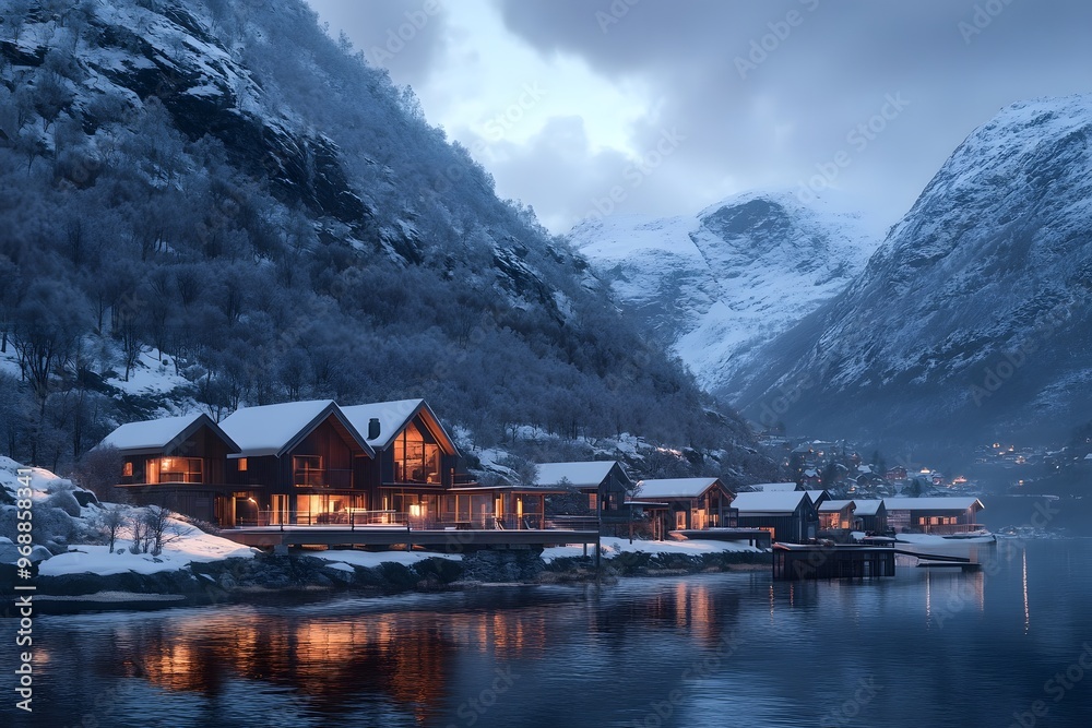 Fototapeta premium Cozy Cabins in a Snowy Mountain Valley