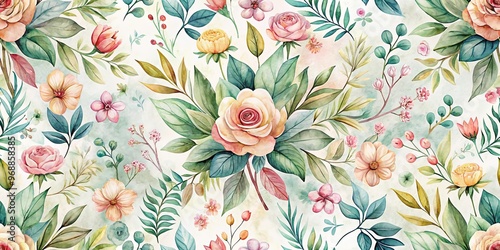Watercolor seamless pattern of florals, leaves, grunge textures, and doodles