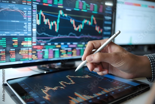 Hand holds stylus over digital tablet with chart, stock market data in background photo