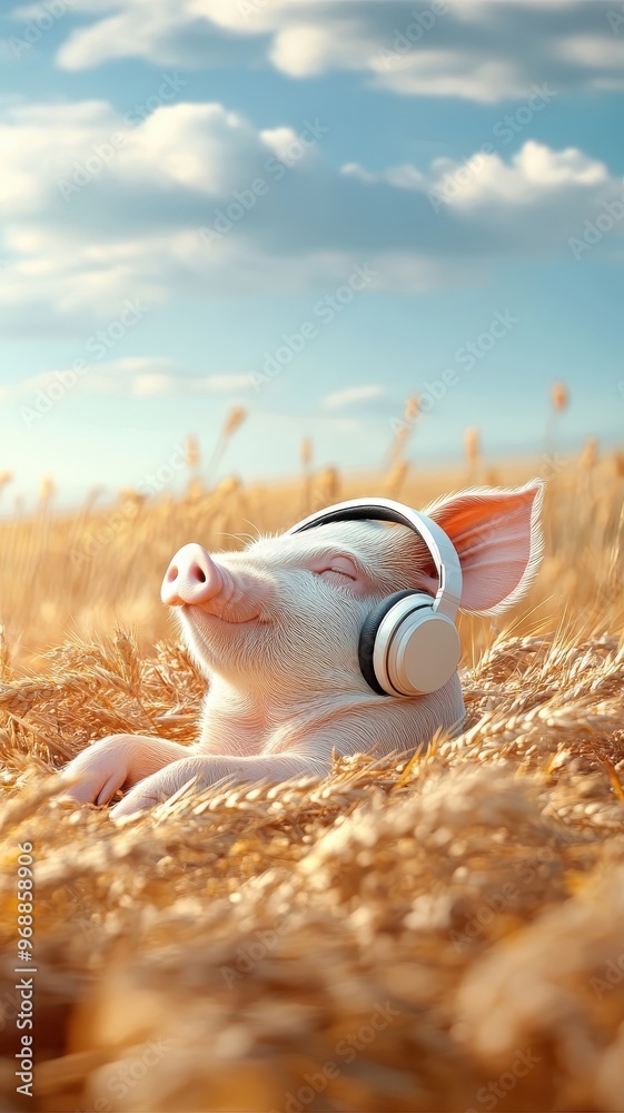 Obraz premium A pig enjoying music with tiny headphones while lounging in a sunny, grassy field.
