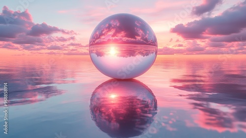 Reflective sphere on ocean at sunset, surreal